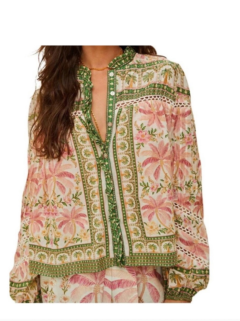 Farm Rio Off-White Palm Dream Blouse XS NWOT Tropical Vacation Resort Wear - Picture 2 of 7